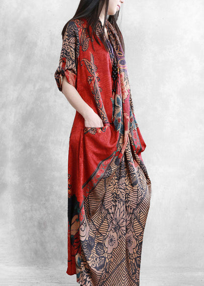 Women Red Asymmetrical Pockets Print Patchwork Silk Long Dress Summer LY5157 - fabuloryshop