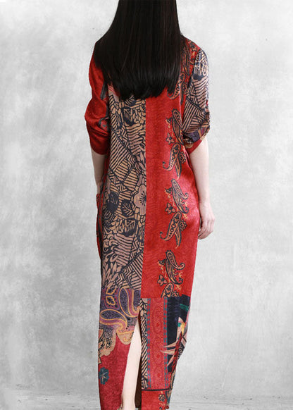 Women Red Asymmetrical Pockets Print Patchwork Silk Long Dress Summer LY5157 - fabuloryshop