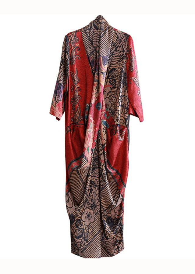 Women Red Asymmetrical Pockets Print Patchwork Silk Long Dress Summer LY5157 - fabuloryshop