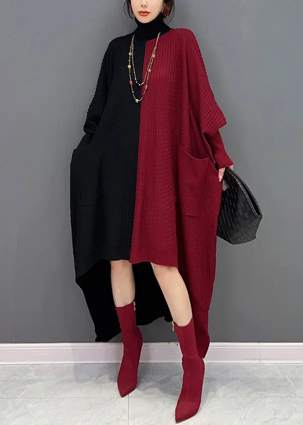 Women Red Black Hign Neck Asymmetrical Patchwork Knit Dresses Batwing Sleeve Ada Fashion