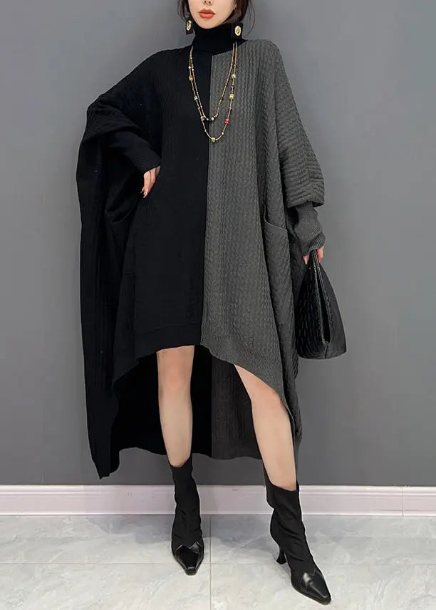 Women Red Black Hign Neck Asymmetrical Patchwork Knit Dresses Batwing Sleeve Ada Fashion