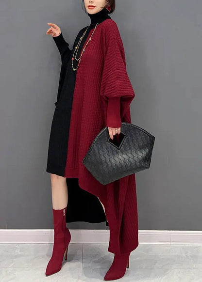 Women Red Black Hign Neck Asymmetrical Patchwork Knit Dresses Batwing Sleeve Ada Fashion