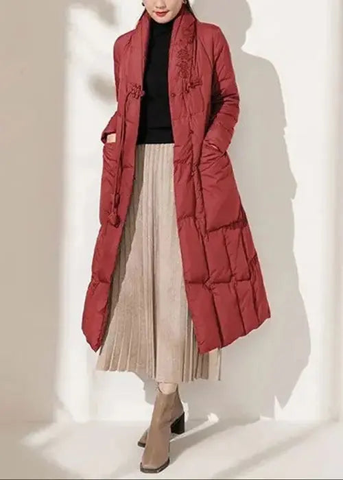 Women Red Button Pockets Patchwork Duck Down Coat Winter Ada Fashion