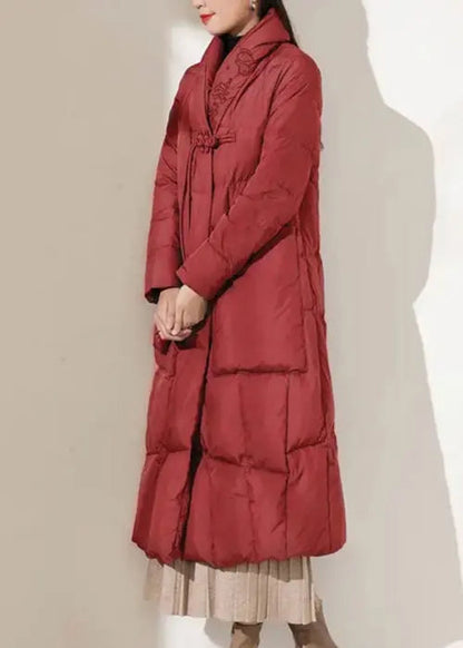 Women Red Button Pockets Patchwork Duck Down Coat Winter Ada Fashion