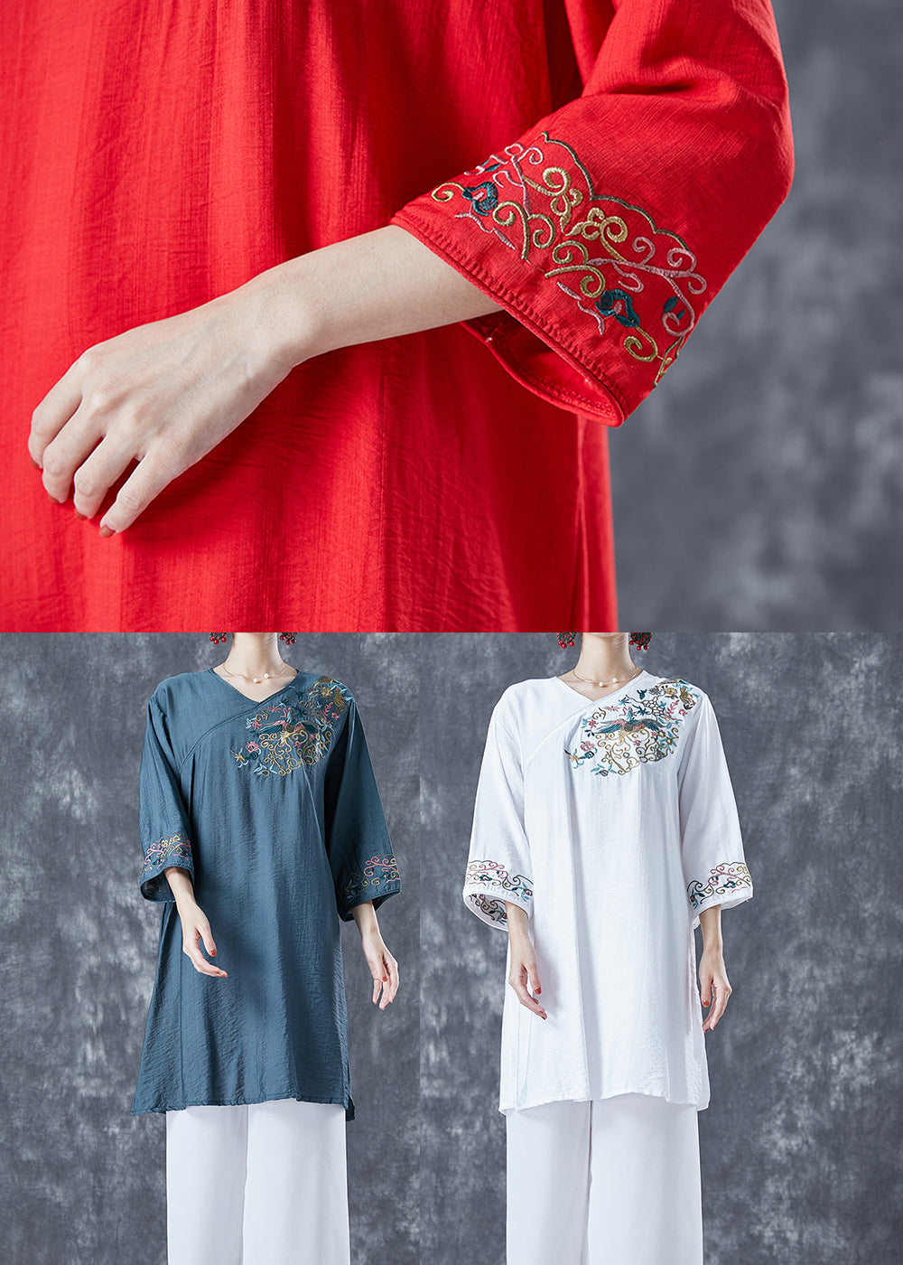 Women Red Embroideried Linen Party Dress Bracelet Sleeve LY5599 - fabuloryshop