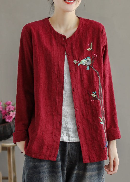 Women Red Embroideried Patchwork Cotton Cardigans Coats Spring LY6162 - fabuloryshop