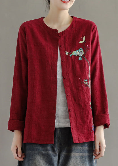 Women Red Embroideried Patchwork Cotton Cardigans Coats Spring LY6162 - fabuloryshop