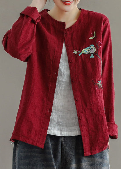 Women Red Embroideried Patchwork Cotton Cardigans Coats Spring LY6162 - fabuloryshop