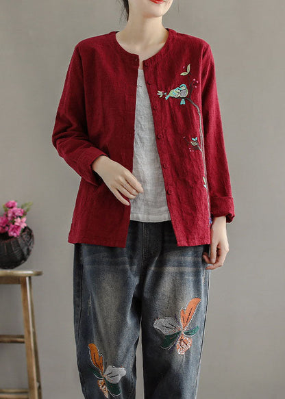 Women Red Embroideried Patchwork Cotton Cardigans Coats Spring LY6162 - fabuloryshop