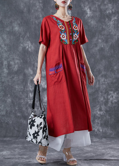 Women Red Embroideried Patchwork Linen Dress Summer LY5614 - fabuloryshop