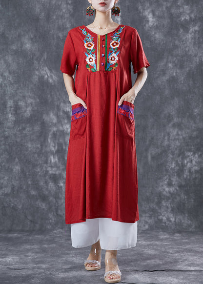 Women Red Embroideried Patchwork Linen Dress Summer LY5614 - fabuloryshop