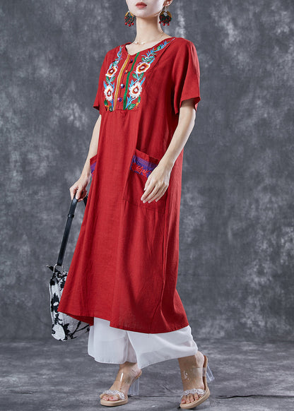 Women Red Embroideried Patchwork Linen Dress Summer LY5614 - fabuloryshop