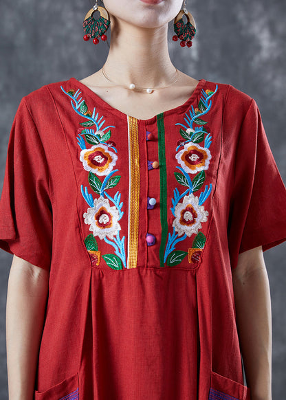 Women Red Embroideried Patchwork Linen Dress Summer LY5614 - fabuloryshop