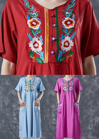 Women Red Embroideried Patchwork Linen Dress Summer LY5614 - fabuloryshop