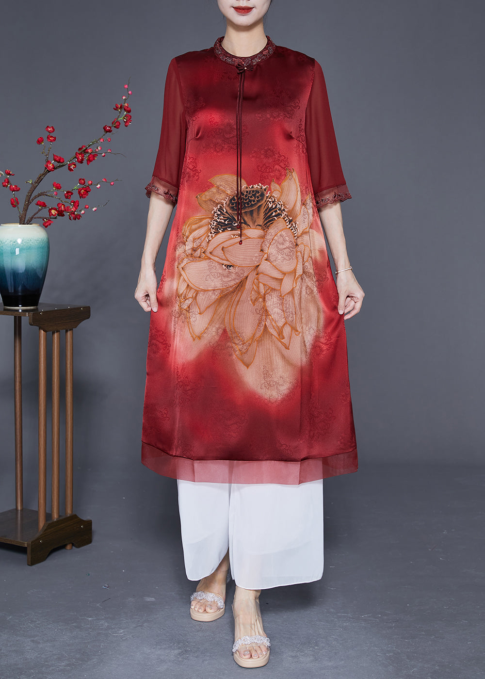 Women Red Embroideried Patchwork Tassel Silk Dress Half Sleeve LY2891 - fabuloryshop