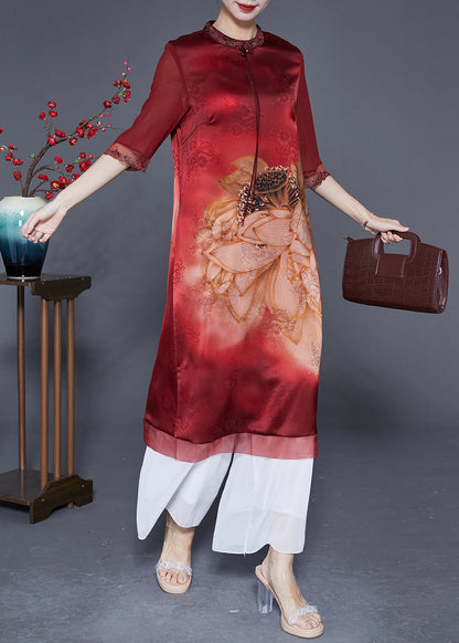 Women Red Embroideried Patchwork Tassel Silk Dress Half Sleeve LY2891 - fabuloryshop