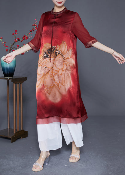 Women Red Embroideried Patchwork Tassel Silk Dress Half Sleeve LY2891 - fabuloryshop