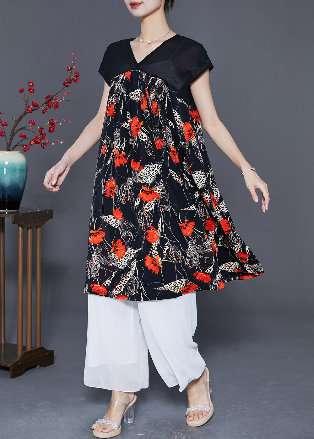 Women Red Floral Exra Large Hem Chiffon Maxi Dresses Summer LY5536 - fabuloryshop