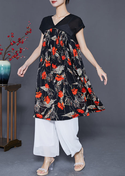 Women Red Floral Exra Large Hem Chiffon Maxi Dresses Summer LY5536 - fabuloryshop