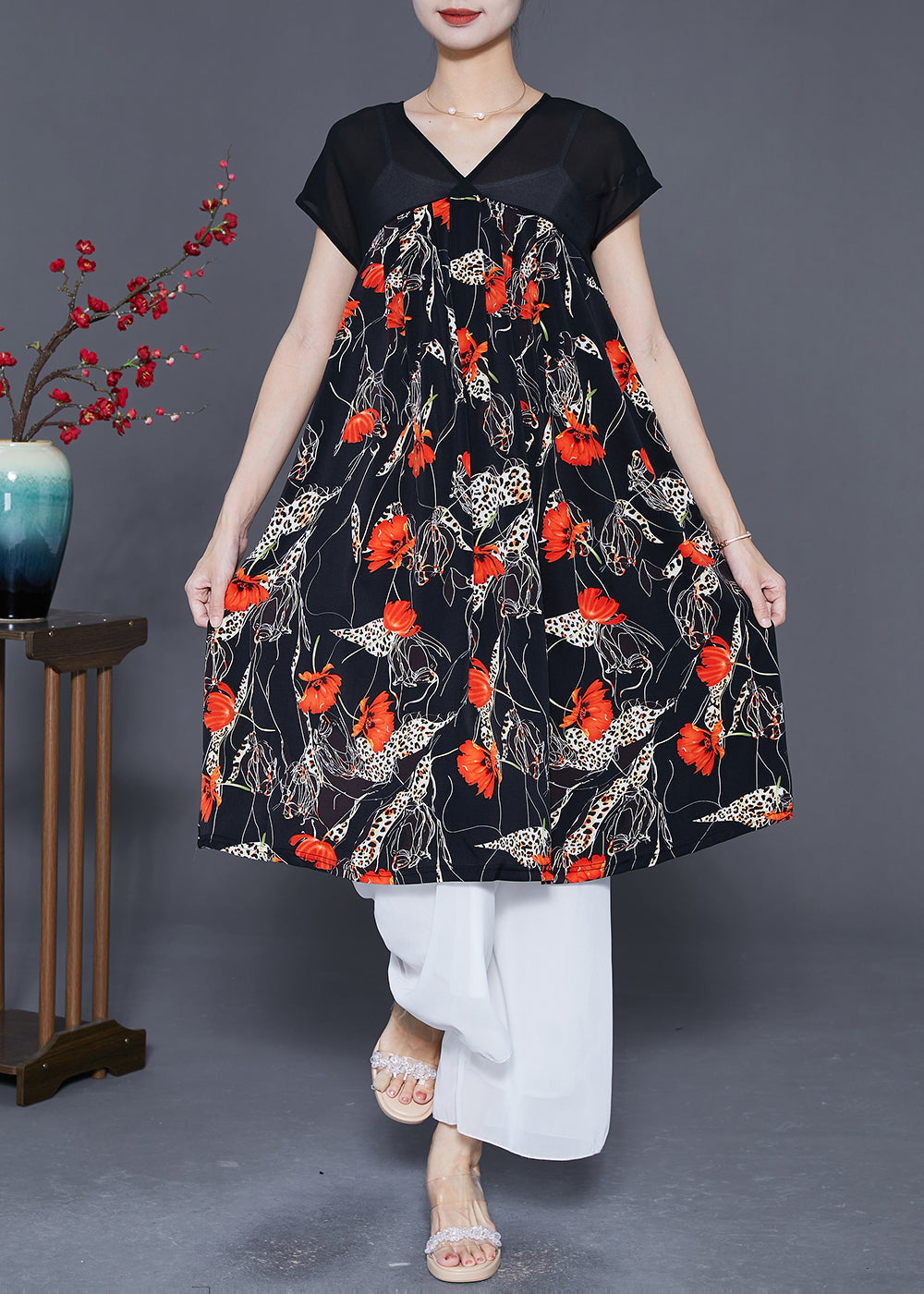 Women Red Floral Exra Large Hem Chiffon Maxi Dresses Summer LY5536 - fabuloryshop