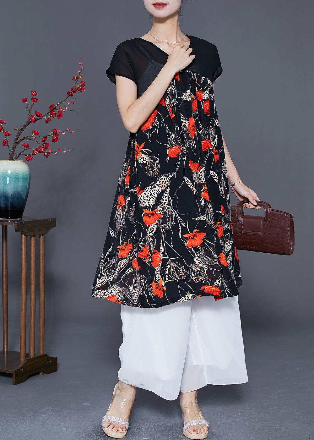 Women Red Floral Exra Large Hem Chiffon Maxi Dresses Summer LY5536 - fabuloryshop