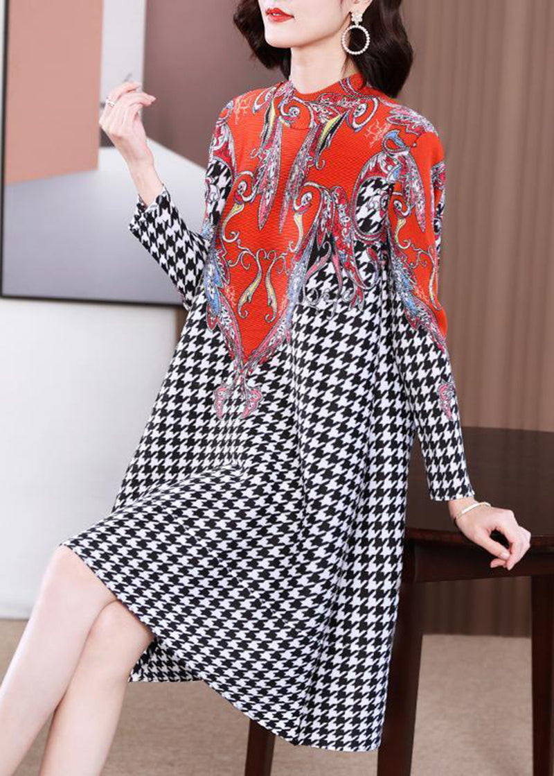 Women Red High Neck Plaid Wrinkled A Line Dress Spring LY2767