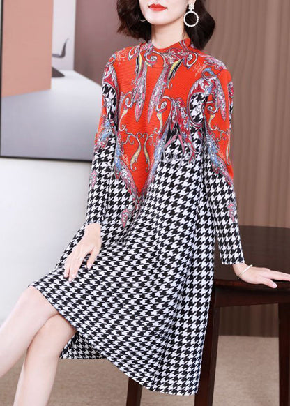 Women Red High Neck Plaid Wrinkled A Line Dress Spring LY2767 - fabuloryshop