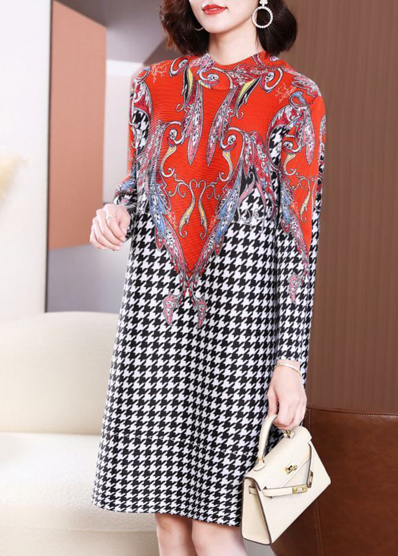 Women Red High Neck Plaid Wrinkled A Line Dress Spring LY2767 - fabuloryshop