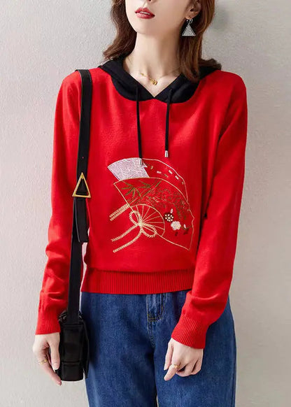 Women Red Hooded Embroideried Patchwork Knit Top Fall Ada Fashion