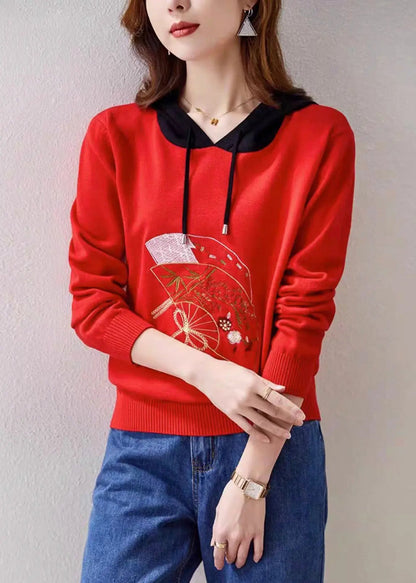 Women Red Hooded Embroideried Patchwork Knit Top Fall Ada Fashion