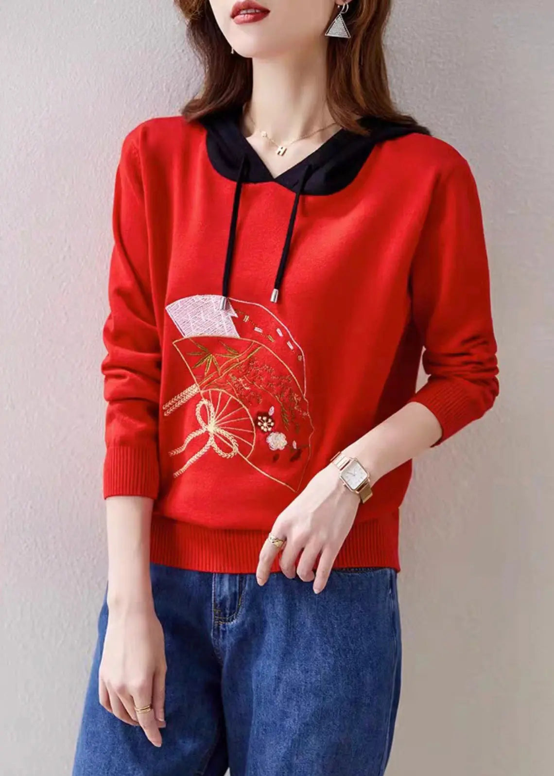 Women Red Hooded Embroideried Patchwork Knit Top Fall Ada Fashion