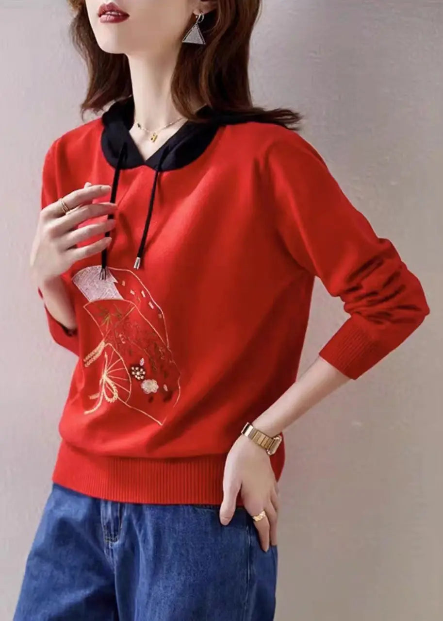 Women Red Hooded Embroideried Patchwork Knit Top Fall Ada Fashion