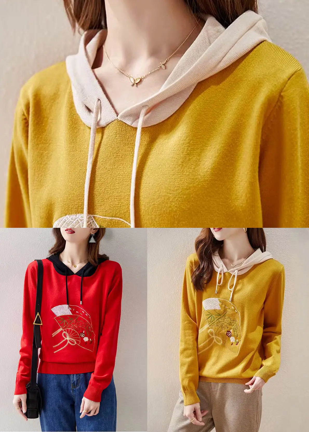 Women Red Hooded Embroideried Patchwork Knit Top Fall Ada Fashion