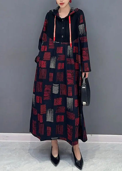 Women Red Hooded Plaid Patchwork Cotton Long Dress Fall Ada Fashion