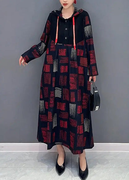 Women Red Hooded Plaid Patchwork Cotton Long Dress Fall Ada Fashion