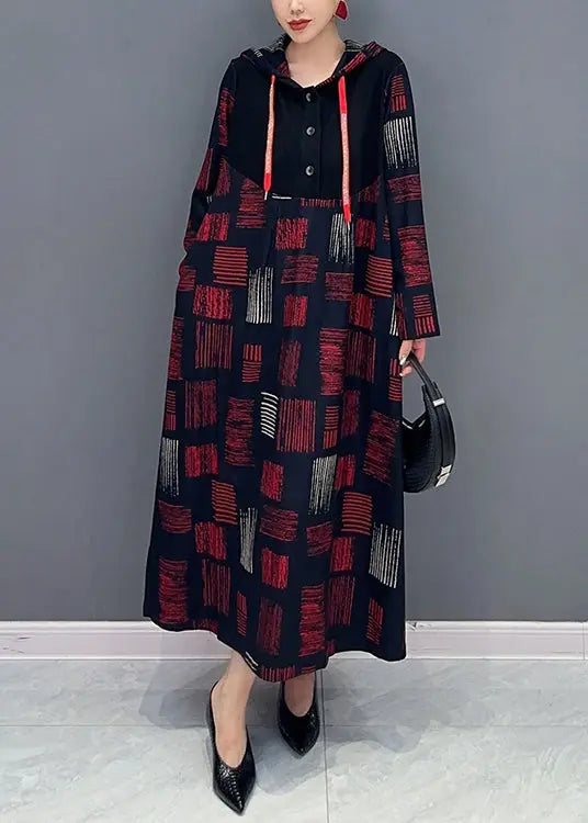 Women Red Hooded Plaid Patchwork Cotton Long Dress Fall Ada Fashion