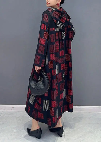 Women Red Hooded Plaid Patchwork Cotton Long Dress Fall Ada Fashion