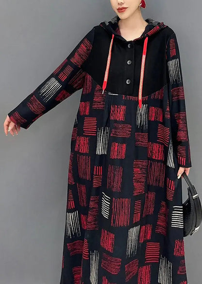 Women Red Hooded Plaid Patchwork Cotton Long Dress Fall Ada Fashion