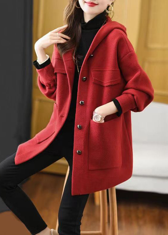 Women Red Hooded Pockets Patchwork Woolen Coat Fall Ada Fashion