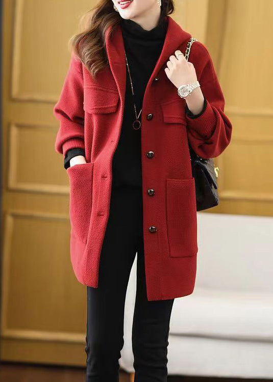 Women Red Hooded Pockets Patchwork Woolen Coat Fall Ada Fashion