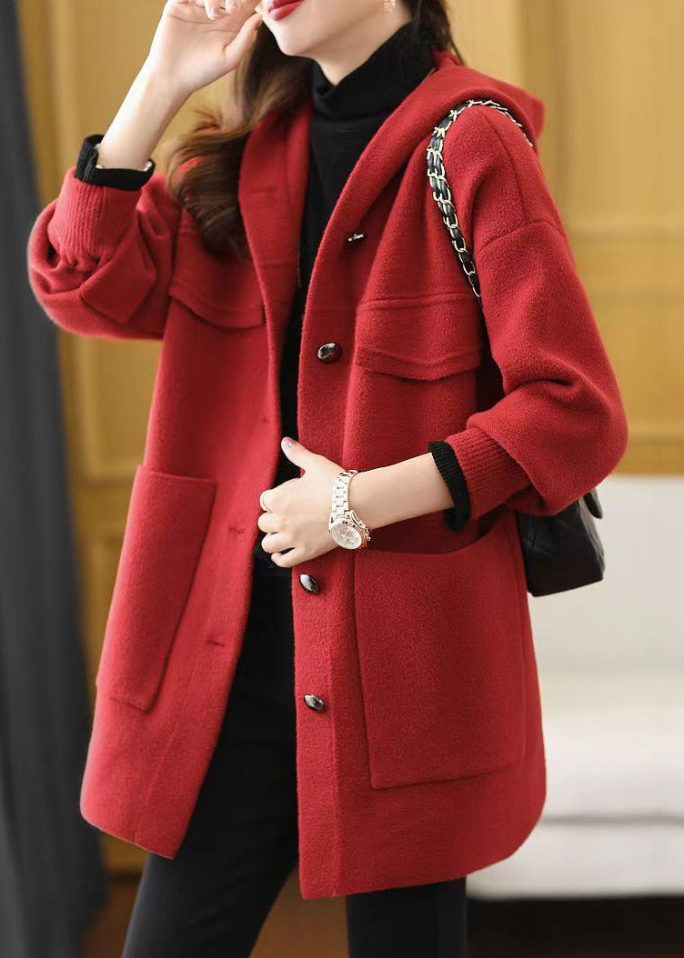 Women Red Hooded Pockets Patchwork Woolen Coat Fall Ada Fashion