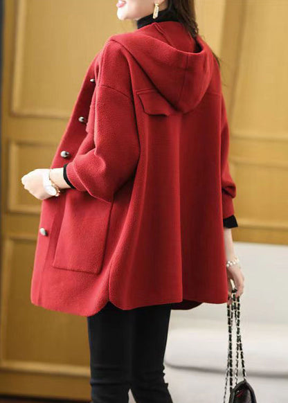 Women Red Hooded Pockets Patchwork Woolen Coat Fall Ada Fashion