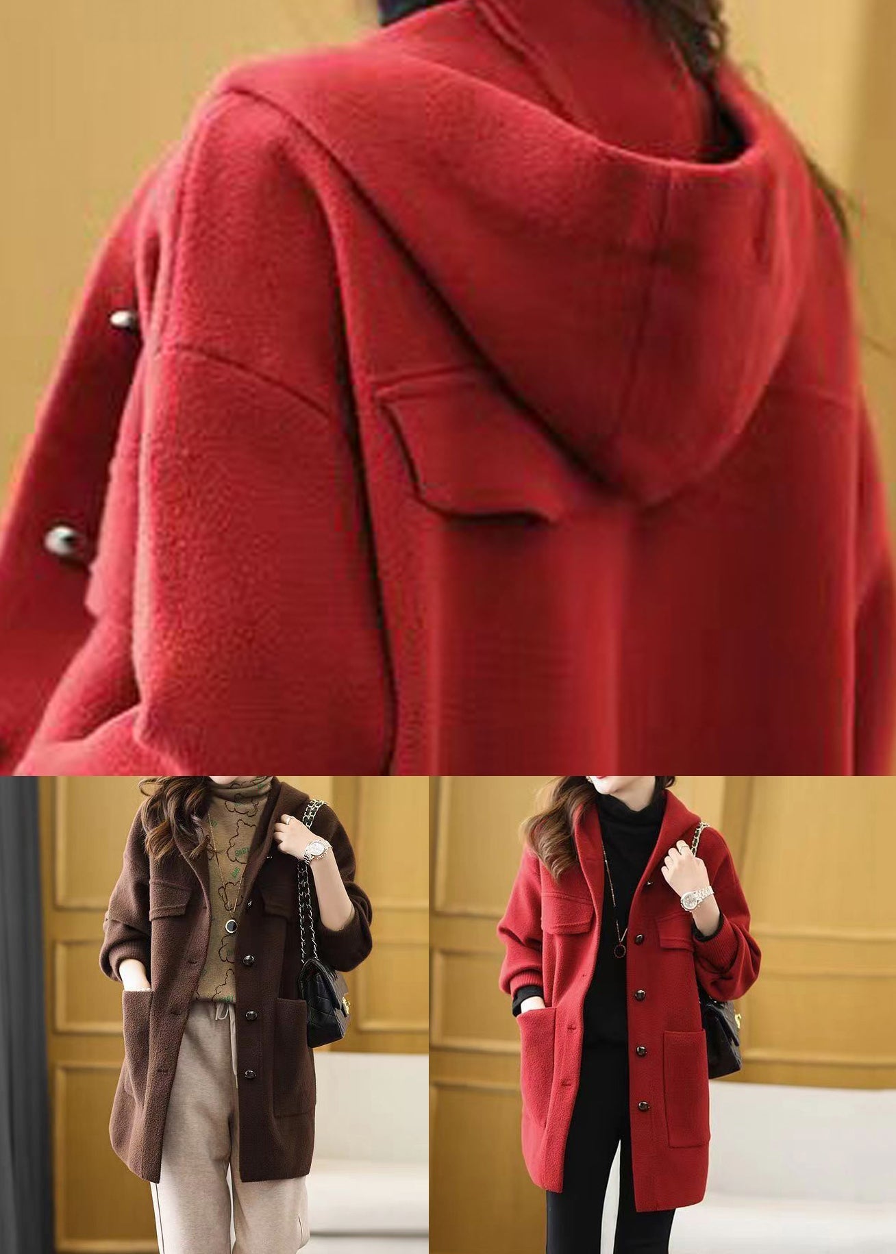 Women Red Hooded Pockets Patchwork Woolen Coat Fall Ada Fashion