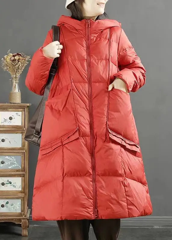 Women Red Hooded Pockets Zippered Patchwork Duck Down Down Coat Winter Ada Fashion