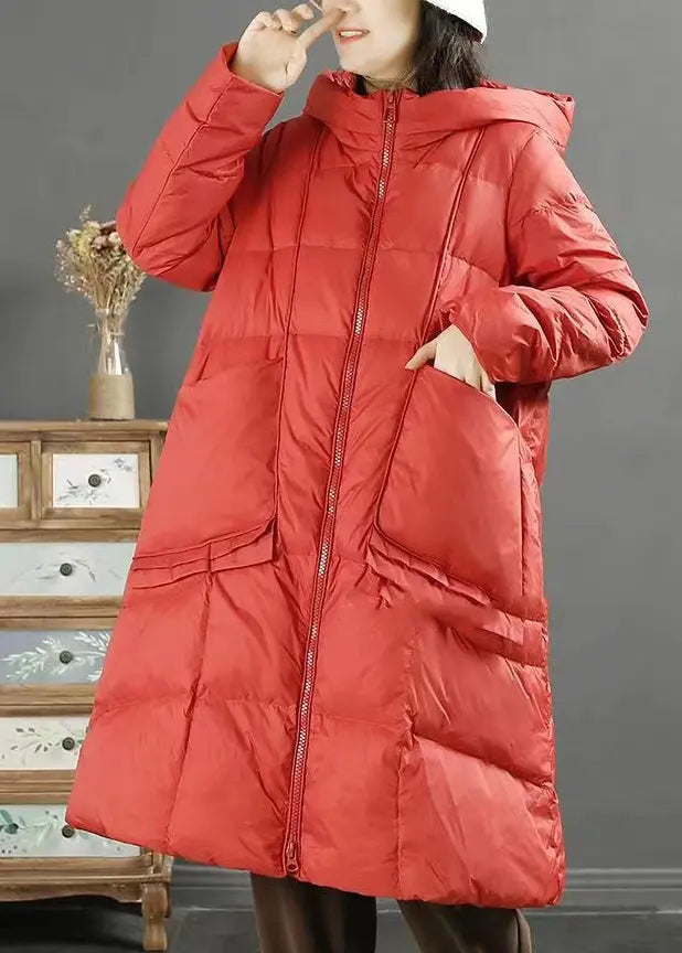 Women Red Hooded Pockets Zippered Patchwork Duck Down Down Coat Winter Ada Fashion