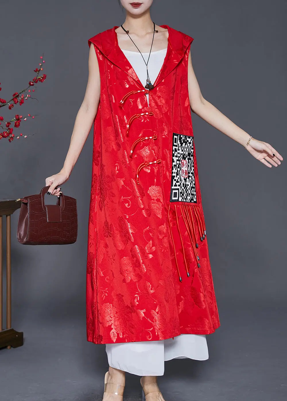 Women Red Jacquard Tasseled Silk Long Vest Fall Ada Fashion