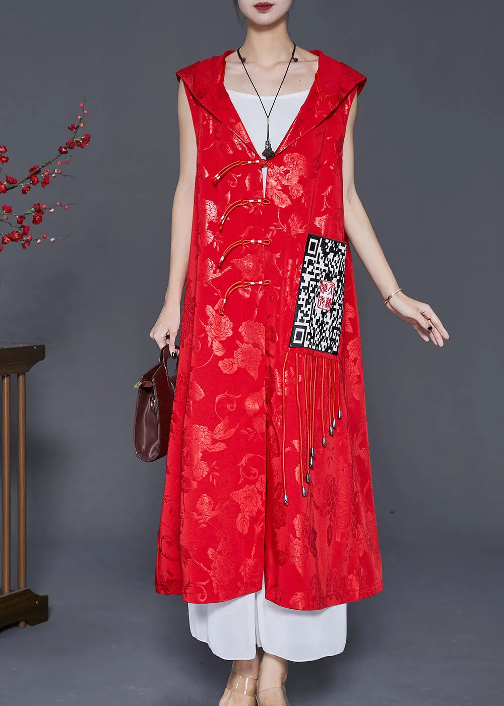 Women Red Jacquard Tasseled Silk Long Vest Fall Ada Fashion