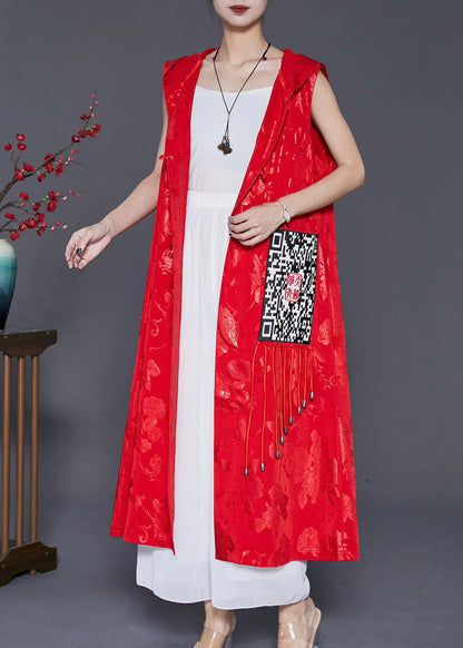 Women Red Jacquard Tasseled Silk Long Vest Fall Ada Fashion