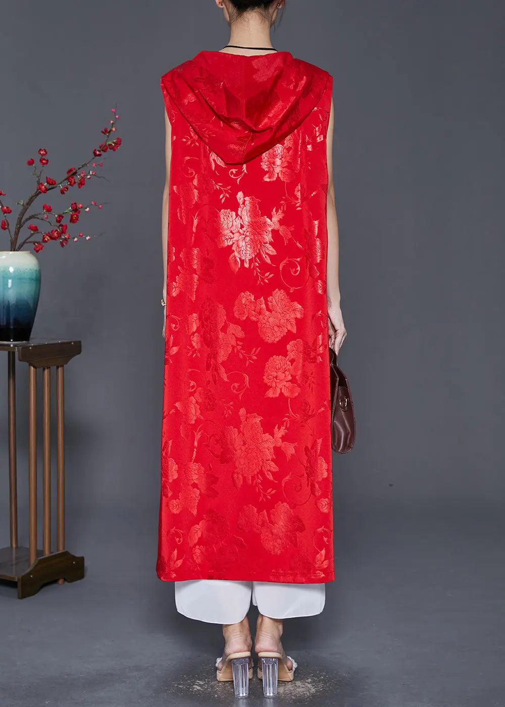 Women Red Jacquard Tasseled Silk Long Vest Fall Ada Fashion