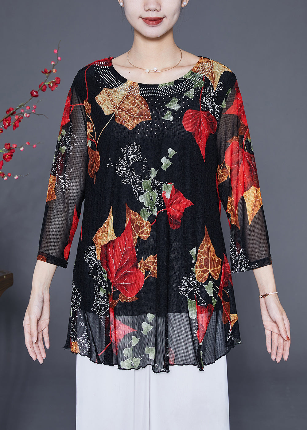 Women Red Leaf Print Zircon Chiffon Tops Bracelet Sleeve Ada Fashion